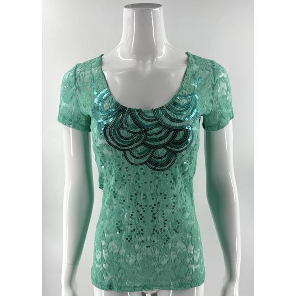 Daytrip Womens Lace Top Green Sequins Size Medium Short Sleeve Scoop Neck Y2K - Picture 1 of 7